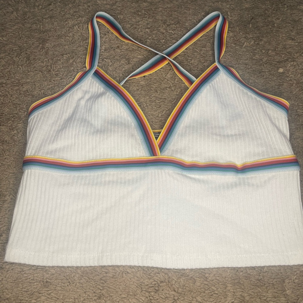 Forever 21 White Ribbed Crop Top with Multicolor Trim